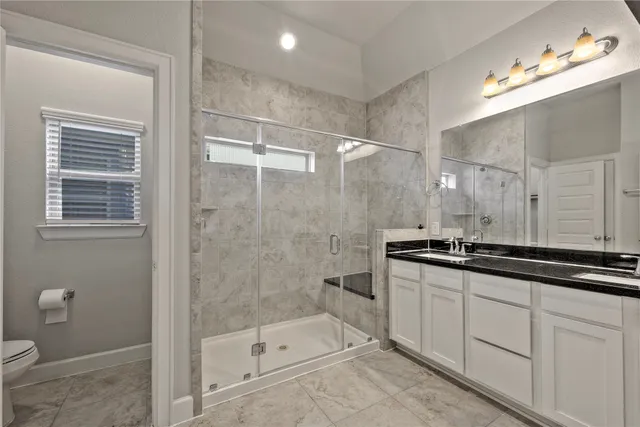 a bathroom with a sink a toilet a mirror and shower