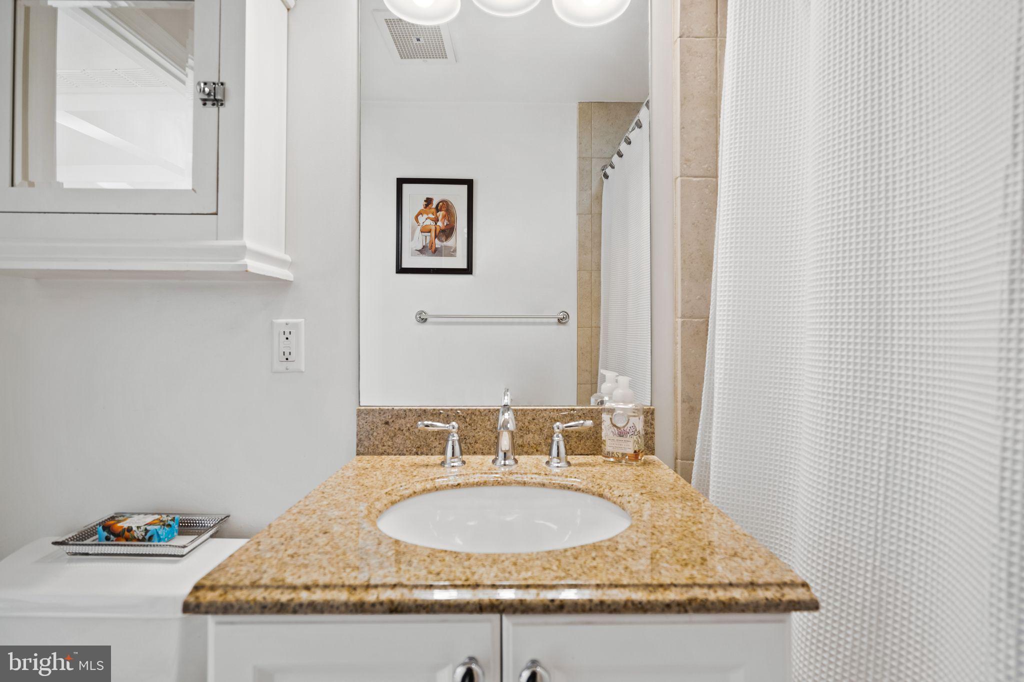 2902 Porter Street Northwest, Unit 43 Washington, DC 20008 - Photo 23 of 31 a bathroom with a granite countertop sink and a mirror