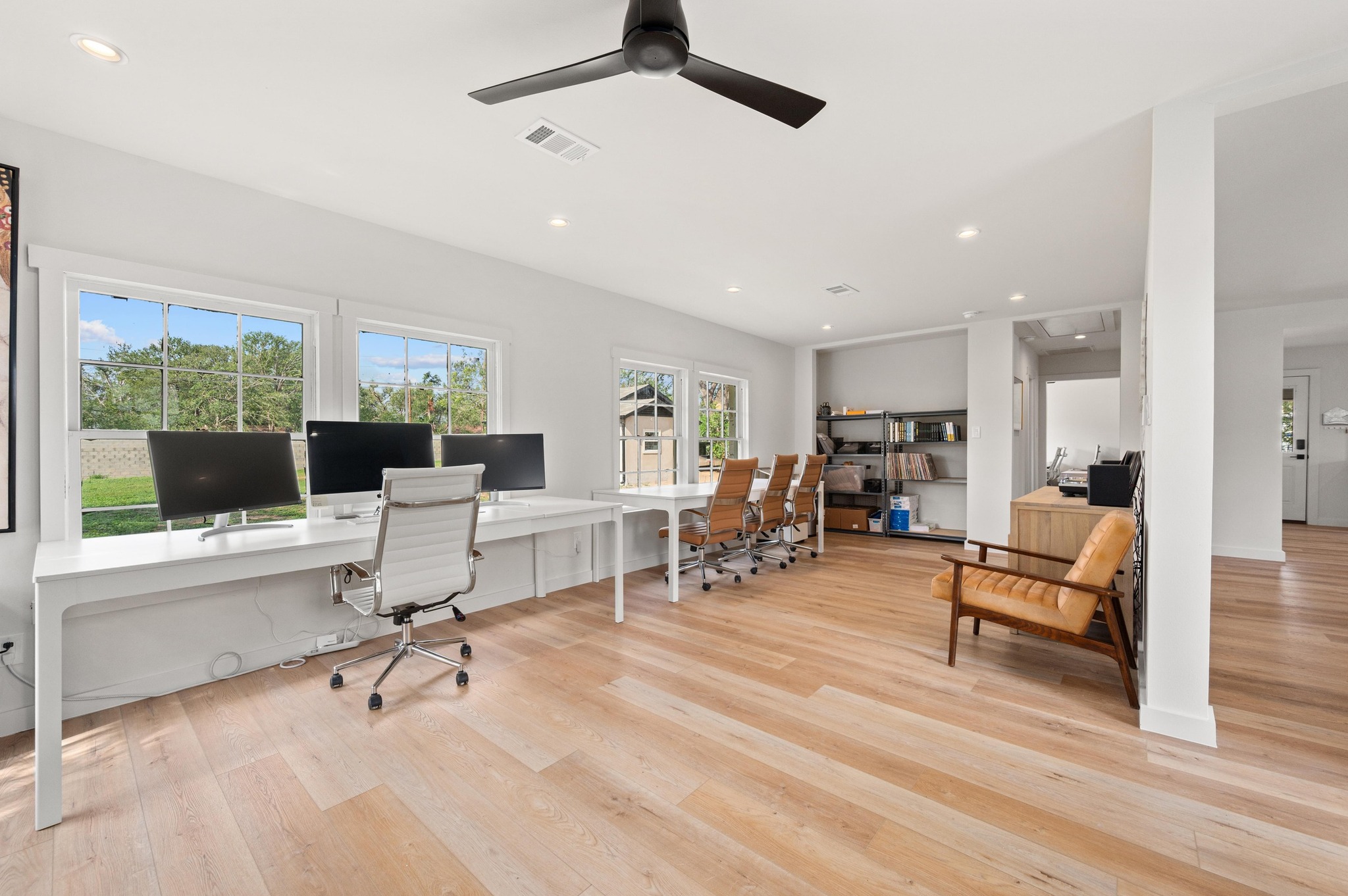 3501 Pecan Springs Road Austin, TX 78723 - Photo 19 of 40 Home office featuring recessed lighting, light wood-style floors, and ceiling fan