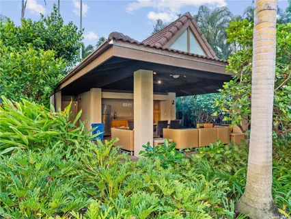 a backyard of a house with plants and large tree