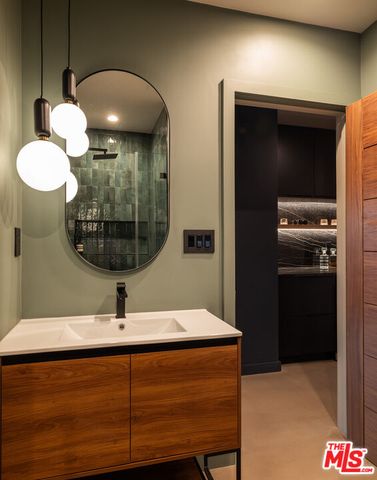 a kitchen with a large window