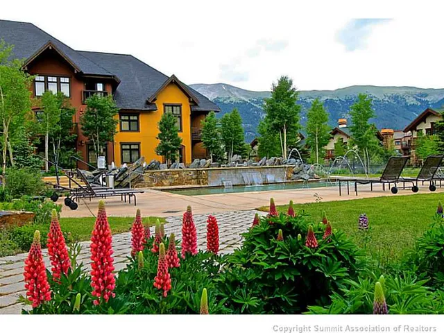 a view of swimming pool with lawn chairs and plants