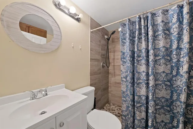 a bathroom with a sink mirror and toilet