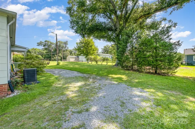 a view of a park with large trees