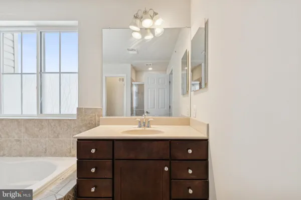 a bathroom with a sink vanity tub and a mirror