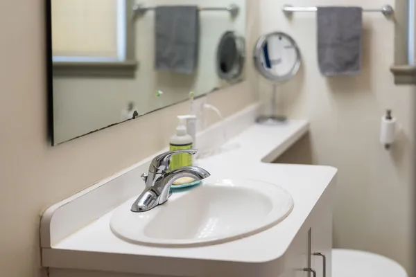 a bathroom with a sink and a mirror