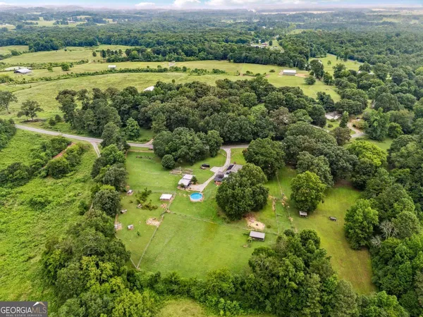 a view of a lush green field with lots of trees