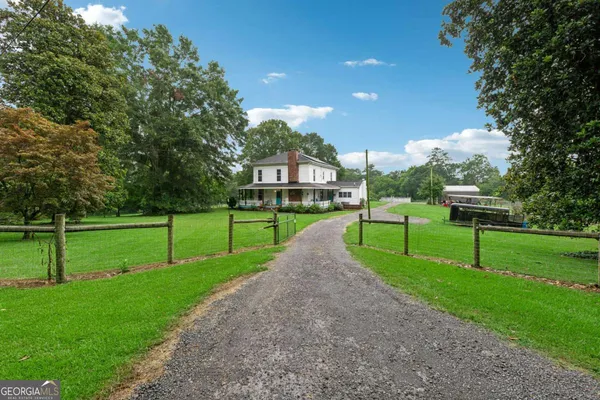a view of a park with large trees