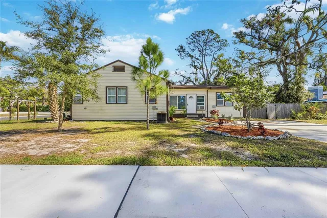 a view of a house with a backyard and a tree