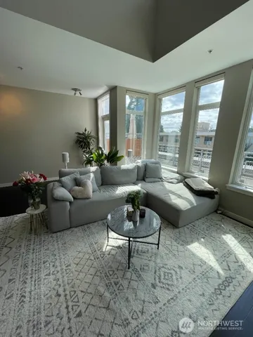 a living room with furniture and a potted plant