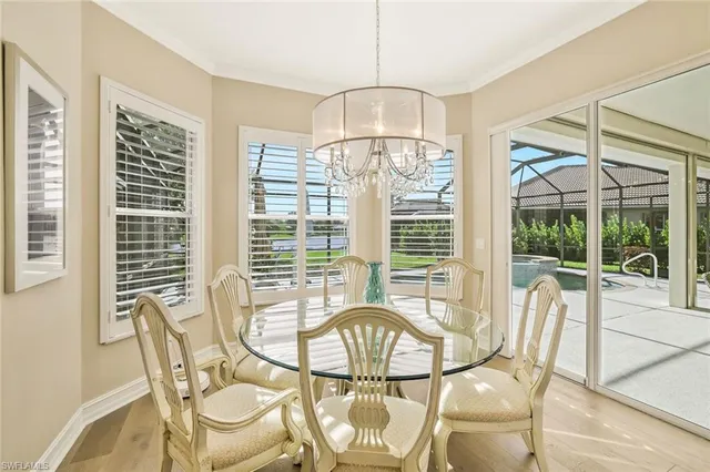 a view of a dining room with furniture wooden floor and chandelier