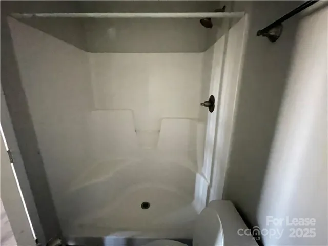 a bathroom with a shower and toilet