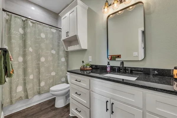 a bathroom with a granite countertop sink a toilet and a mirror
