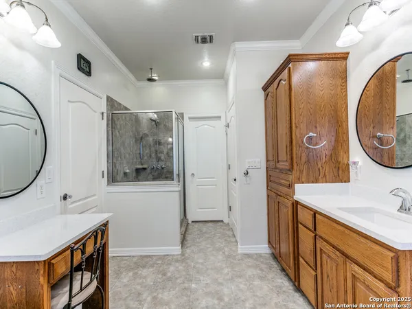 a bathroom with a sink a mirror a vanity and a shower