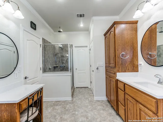 a bathroom with a sink a mirror a vanity and a shower