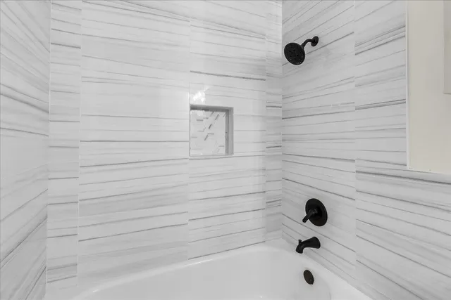 a view of a garden with plants and large trees