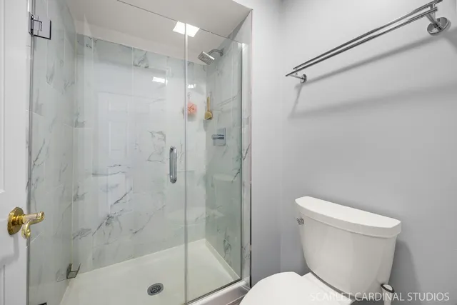 a bathroom with a shower and a toilet