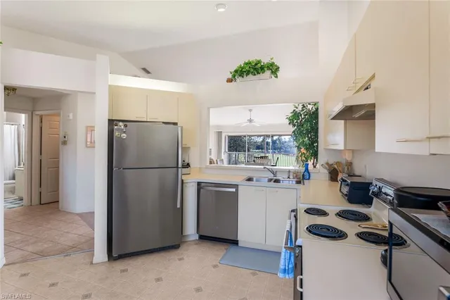 a kitchen with a sink and a potted plant