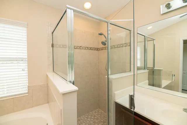 a bathroom with a sink a mirror and a shower