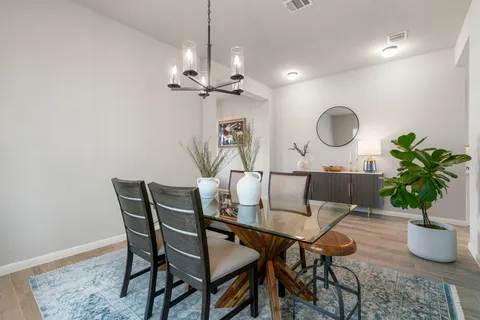 a dining room with furniture and a potted plant