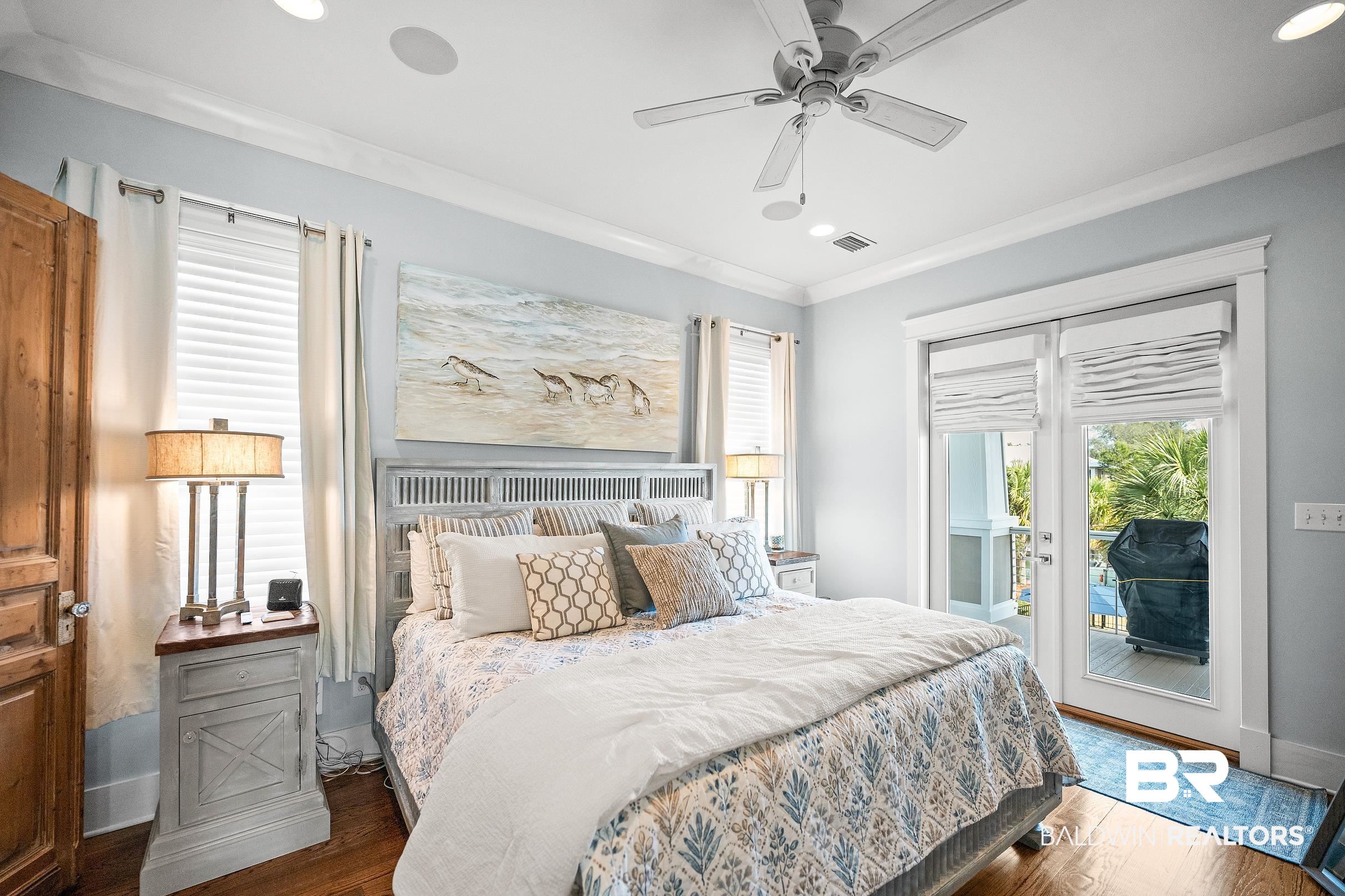 33186 Marlin Key Drive Orange Beach, AL 36561 - Photo 46 of 87 Bedroom with wood finished floors, access to outside, a ceiling fan, recessed lighting, and crown molding