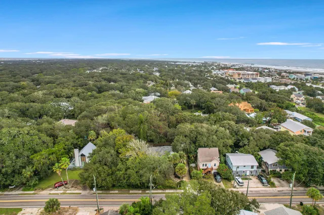 an aerial view of residential houses with outdoor space and trees