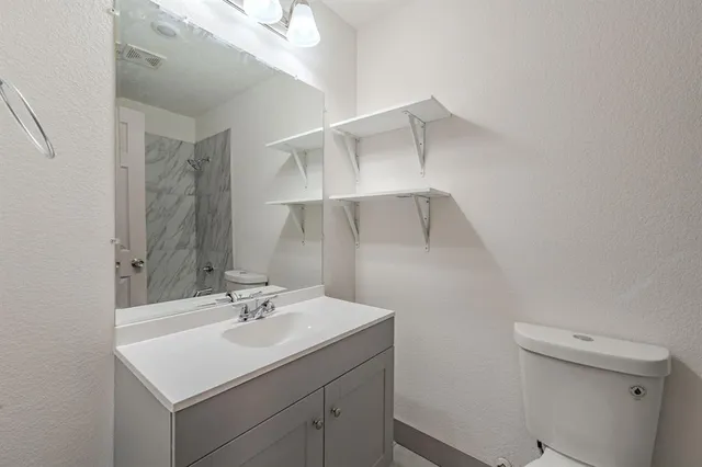 a bathroom with a sink toilet and mirror