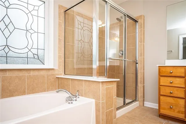 a bathroom with a bathtub and a shower