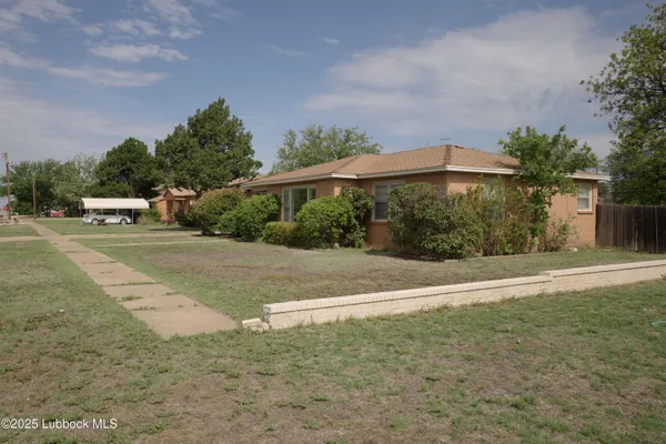 a view of a yard with plants and trees