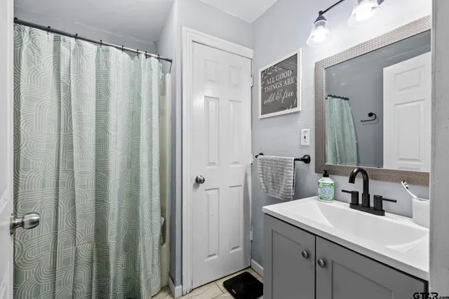 a bathroom with a sink a mirror and a shower