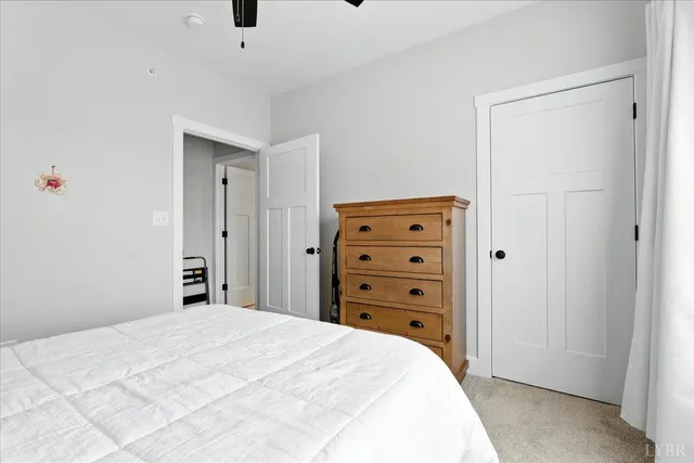 a bedroom with a bed and a closet