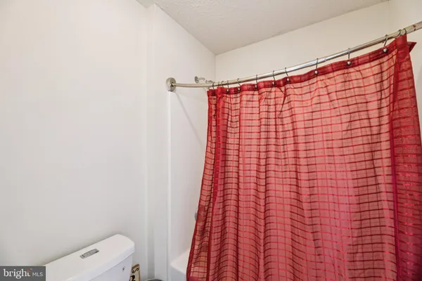 a bathroom with a shower curtain and a wooden floor