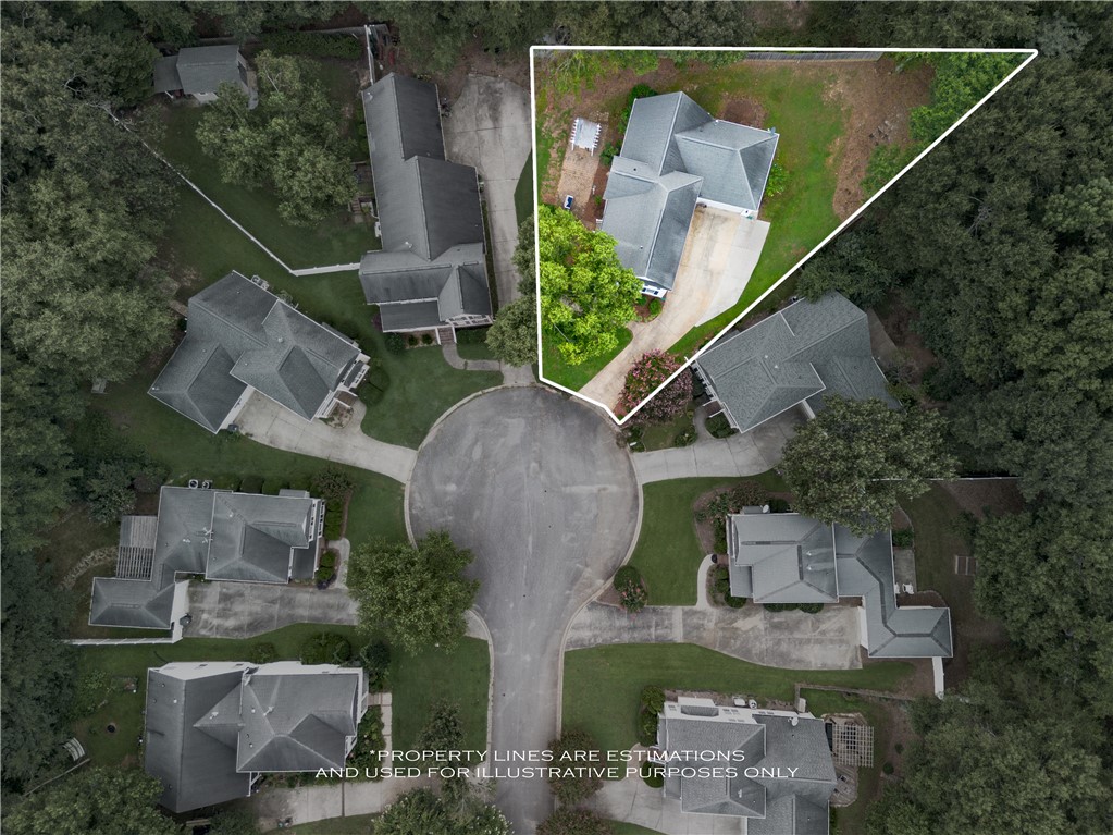 206 Village Way Pendleton, SC 29670 - Photo 42 of 46 An aerial view of a property and its surrounding neighborhood, showcasing ample green space and a cul-de-sac layout.