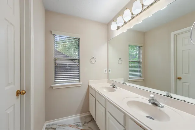 a bathroom with a sink double vanity and a mirror