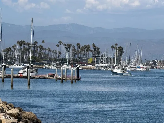 a view of a lake with boats and trees in the background