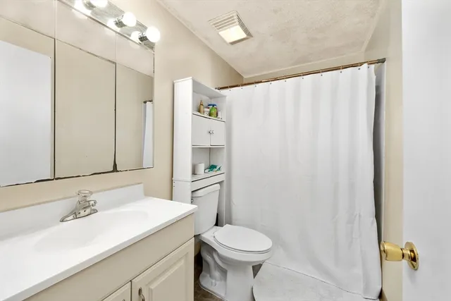 a bathroom with a sink toilet and shower