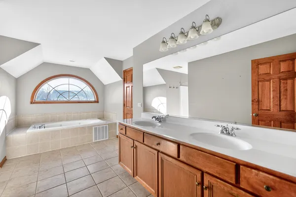 a bathroom with a sink a large mirror and a bathtub