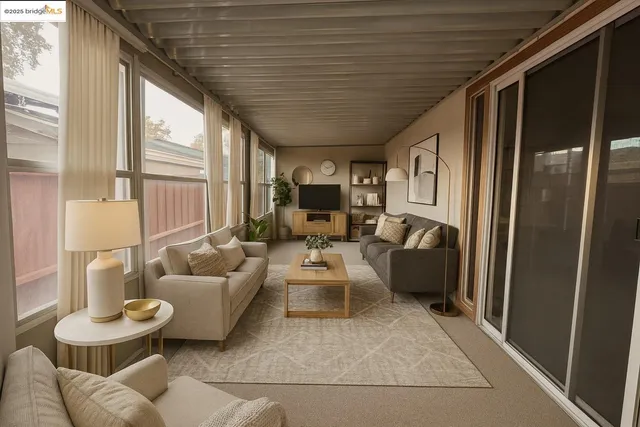 a living room with furniture and a large window