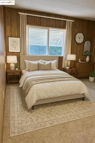 a bedroom with a large bed and two windows