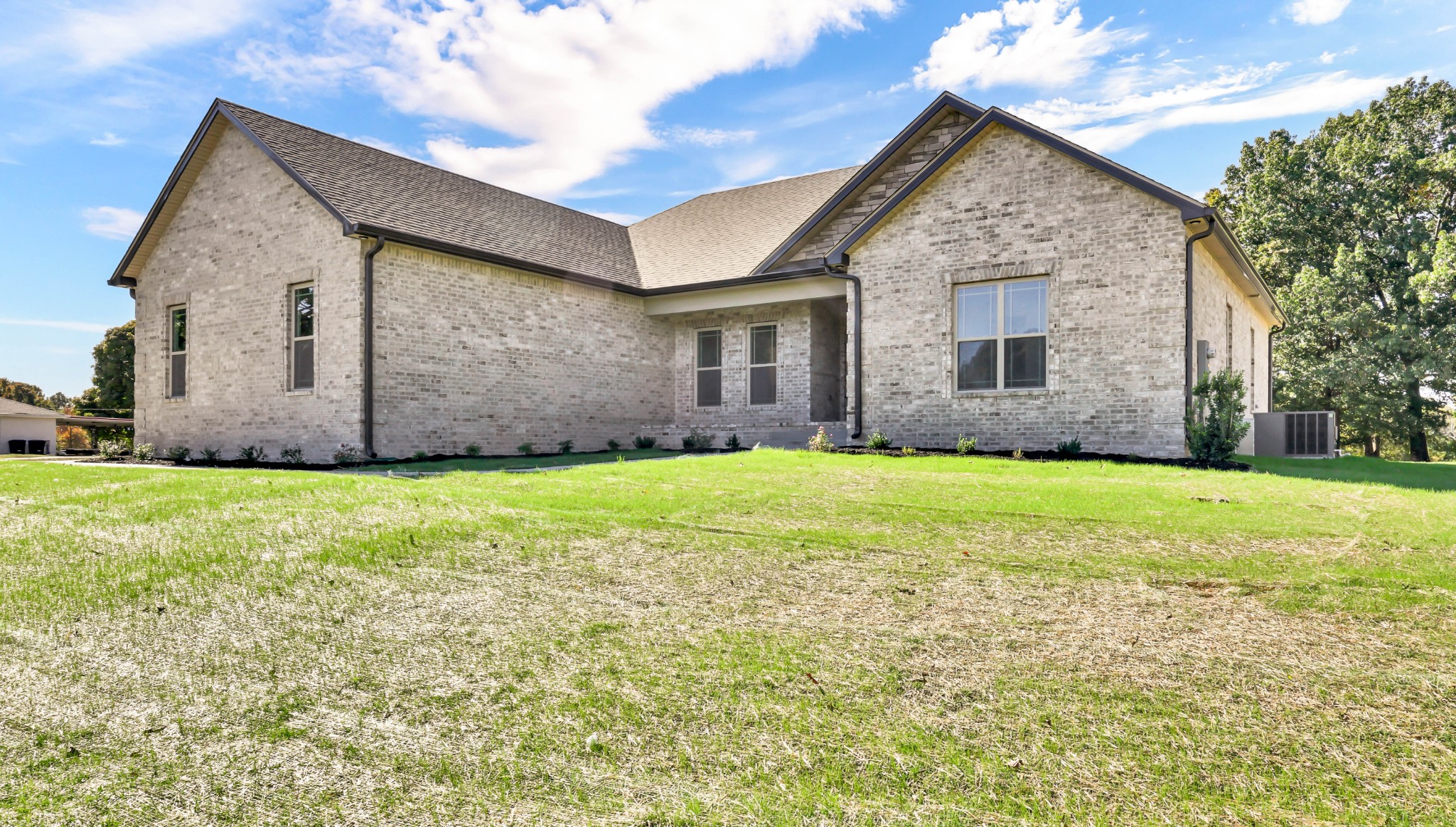 a front view of house with yard and green space