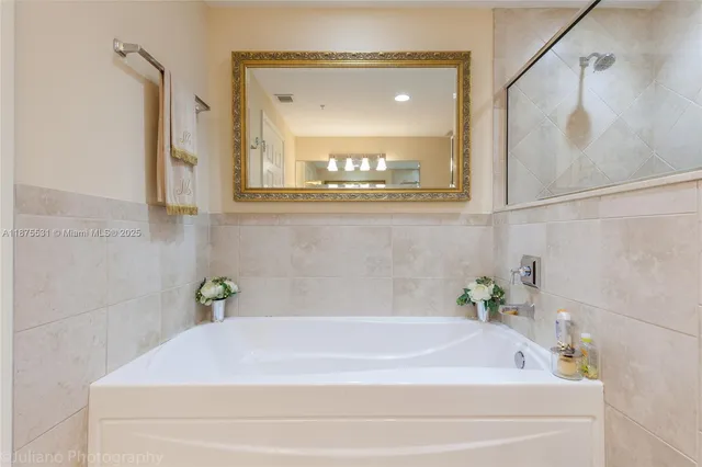 a bathroom with a bathtub and a shower