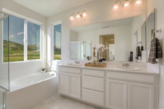 a bathroom with a double vanity sink mirror and bathtub