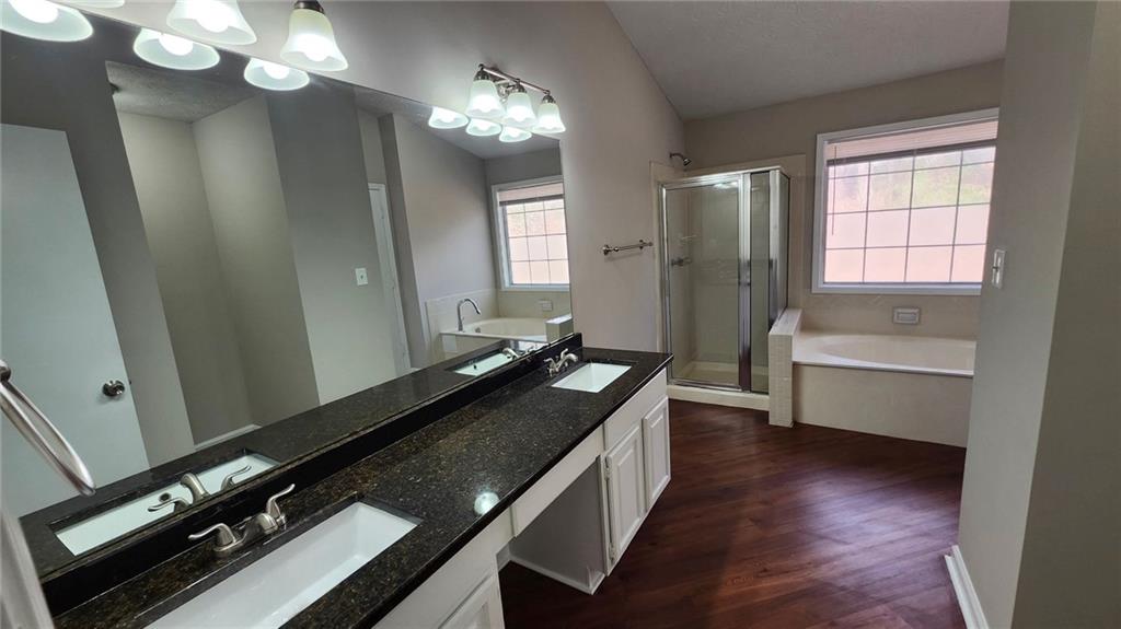 587 North Shore Road Lithonia, GA 30058 - Photo 8 of 16 a bathroom with a sink a large mirror and a bathtub