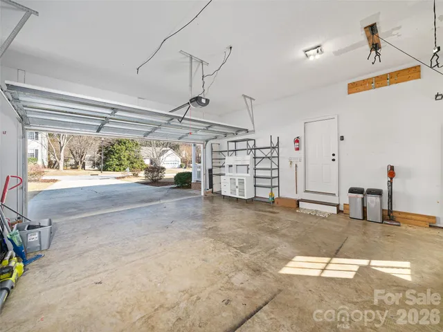 a view of a garage with storage