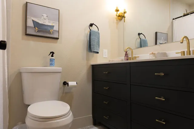 a bathroom with a toilet a sink and mirror