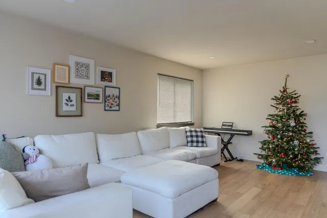 a living room with furniture and a christmas tree