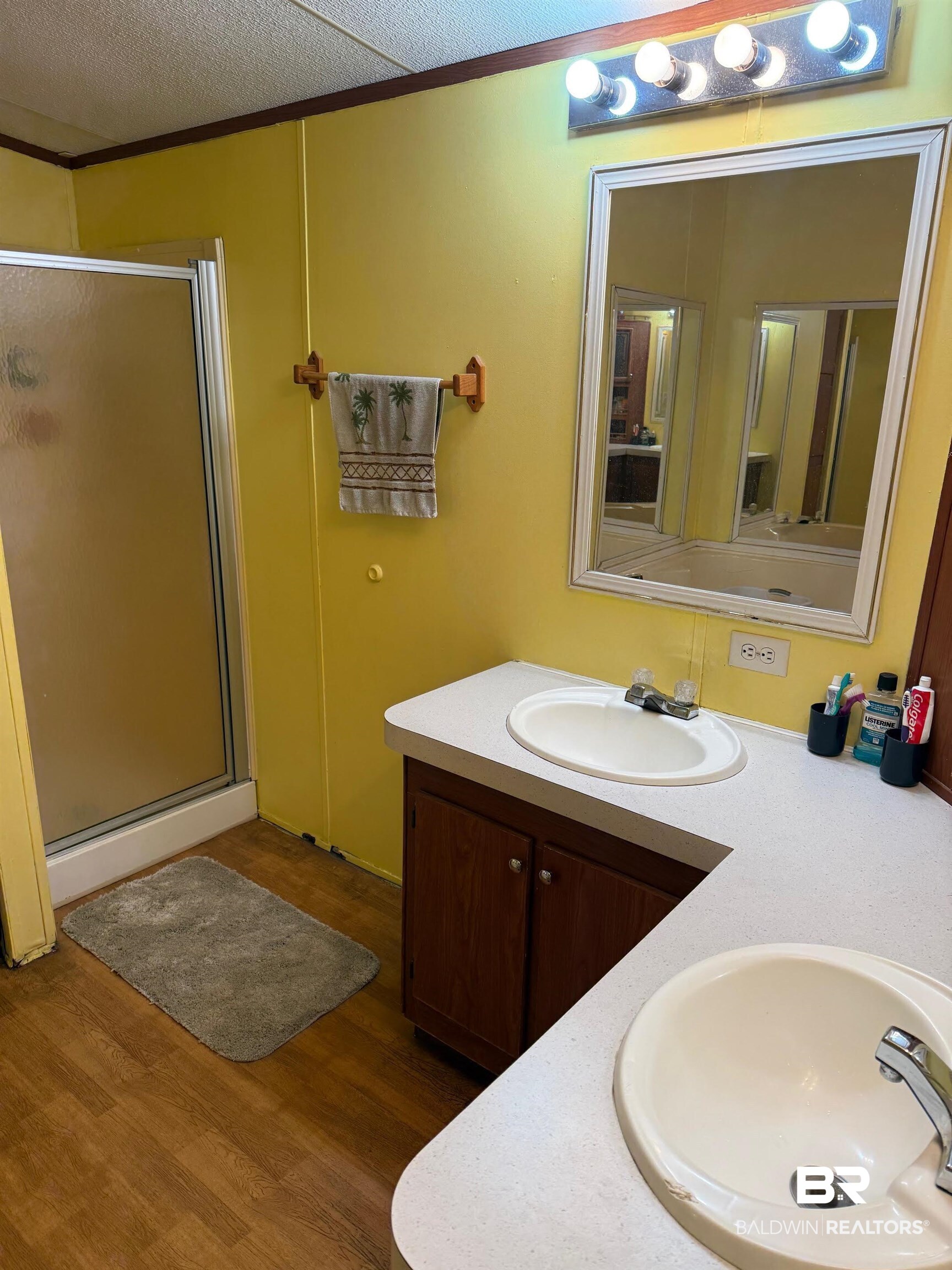 15844 County Road 87 Elberta, AL 36530 - Photo 20 of 28 Bathroom featuring an enclosed shower, vanity, wood-type flooring, and a textured ceiling
