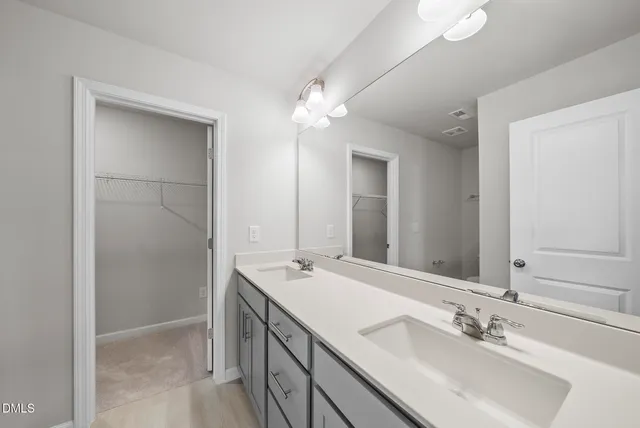 a bathroom with a double vanity sink a mirror and a shower