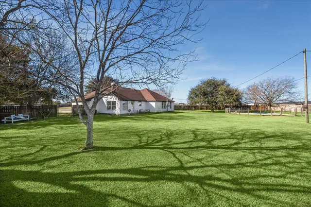 a view of a park with large trees