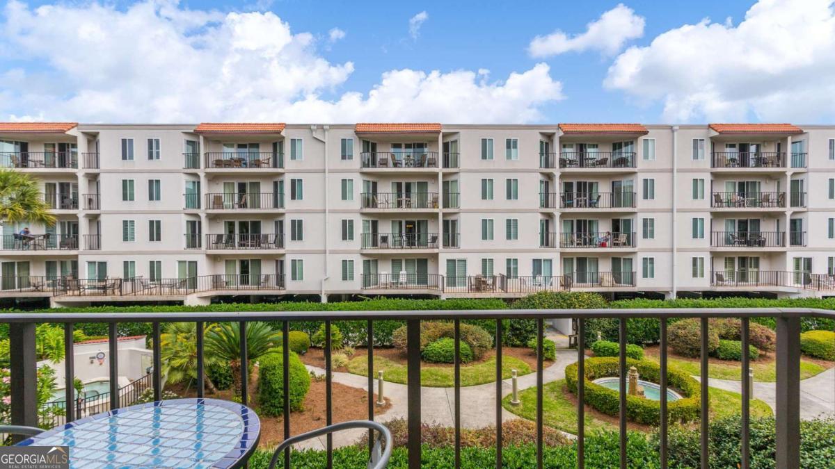 a building view with a garden space